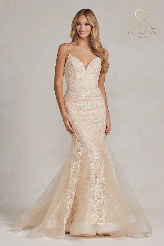 Women's Active Garments For Workouts Trendy Clothing Sale Glitter Applique Tulle Mermaid Gown by Nox Anabel C1108