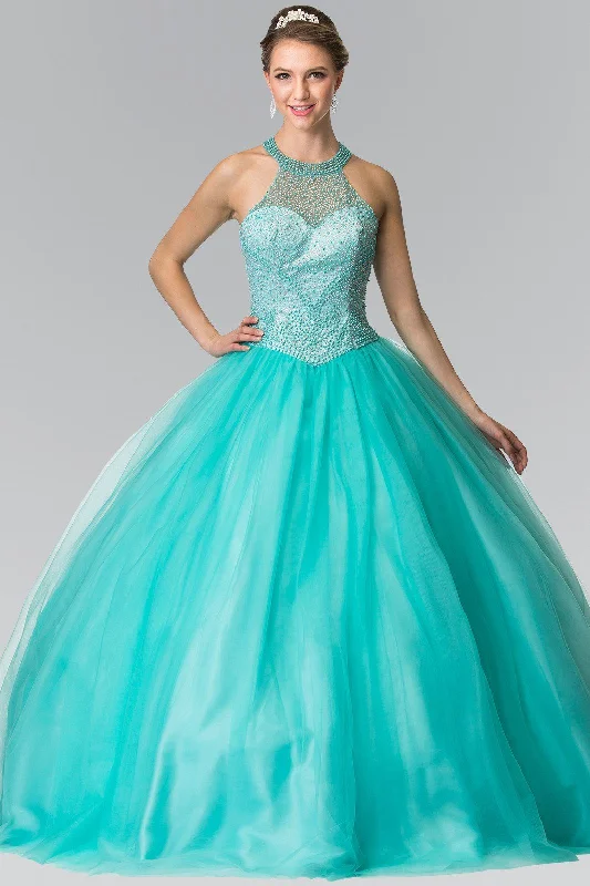 Women's Everyday Apparel Refined Look Beaded Halter Illusion Ballgown by Elizabeth K GL2309