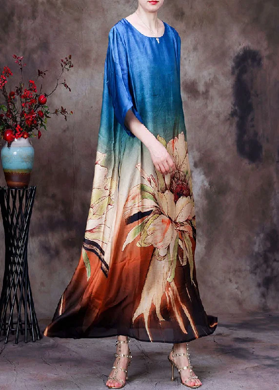 Fresh Fashion Discounts French Blue Gradient Color O-Neck Print Layered Silk Vacation Dress Half Sleeve Fresh Fashion Discounts French Blue Gradient Color O-Neck Print Layered Silk Vacation Dress Half Sleeve