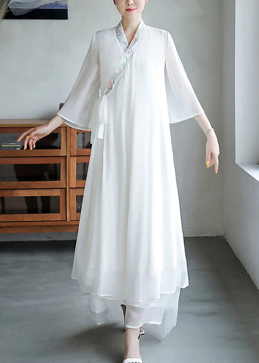 Classic Fashion, Modern Discounts Loose White Embroidered Lace Up Chiffon Dresses Flare Sleeve Classic Fashion, Modern Discounts Loose White Embroidered Lace Up Chiffon Dresses Flare Sleeve