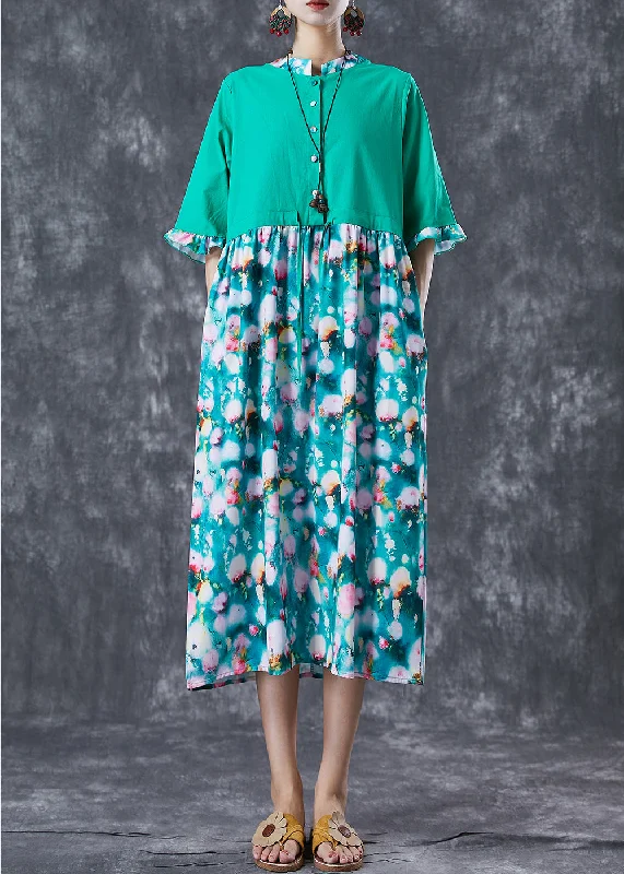 Women's Stylish Casual Garments Effortless Sophistication Simple Green Cinched Patchwork Print Linen Maxi Dresses Butterfly Sleeve