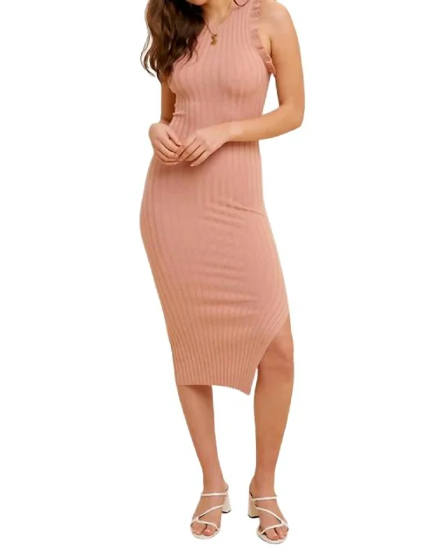 Women's Formal Event Attire Contemporary Chic Sleeveless Frill Midi Sweater Dress In Rose Pink