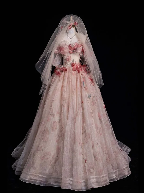 Women's Holiday Clothes Chic Trend Collection Pink Off Shoulder A-Line Floral Tulle Long Prom Dress Wedding Dress , MD7950