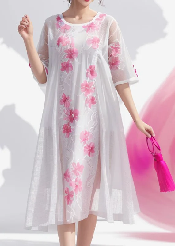 Exclusive Deals Online Simple White O Neck Print Plus Size Silk Dress Summer
