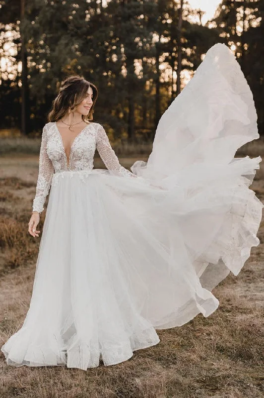 Women's Apparel Trendy Women's Wear Collection Deep V-neck Long Sleeve Tulle Wedding Dresses with Lace N063 Women's Apparel Trendy Women's Wear Collection Deep V-neck Long Sleeve Tulle Wedding Dresses with Lace N063