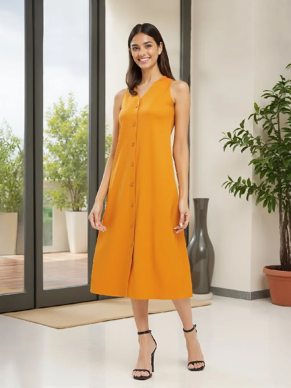 Women's Office Attire Graceful Fashion A-line Midi Dress - Mustard
