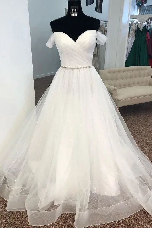 Charming Women's Garments Big Discounts Off the Shoulder Pleated Wedding Dress with Beaded Waist