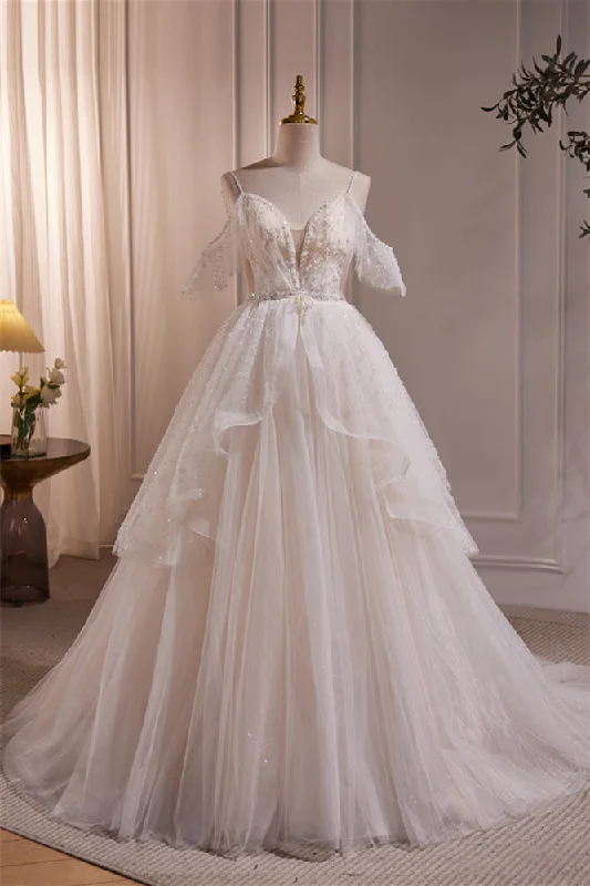 Women's Evening Clothing New In This Season Straps White Tulle Tiered Tulle Formal Gown