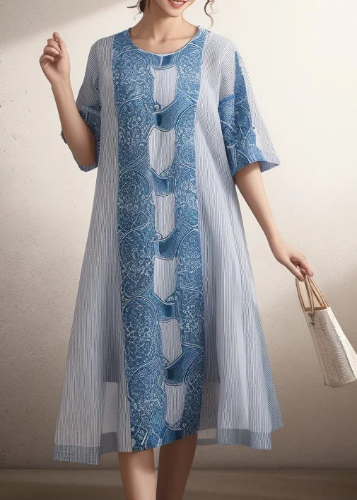 The Latest Trends Women Blue O Neck Print Plus Size Silk Dress Summer