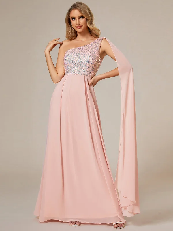 Women's Stylish Vacation Attire Bold Patterns A-Line Shiny Sequin Chiffon Bodice One Shoulder Sleeveless Evening Dresses Women's Stylish Vacation Attire Bold Patterns A-Line Shiny Sequin Chiffon Bodice One Shoulder Sleeveless Evening Dresses