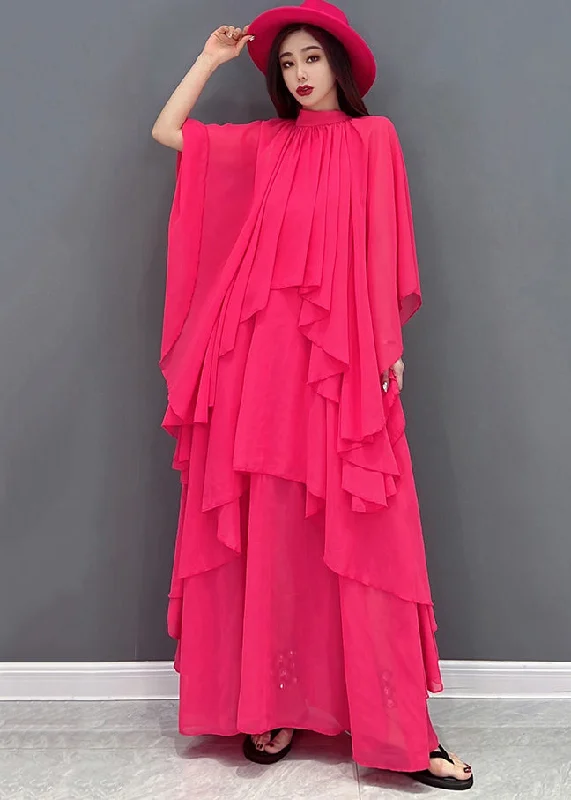 Trendy Fashion for Women Women Red Stand Collar Asymmetrical Design Exra Large Hem Chiffon Beach Dress Short Sleeve Trendy Fashion for Women Women Red Stand Collar Asymmetrical Design Exra Large Hem Chiffon Beach Dress Short Sleeve