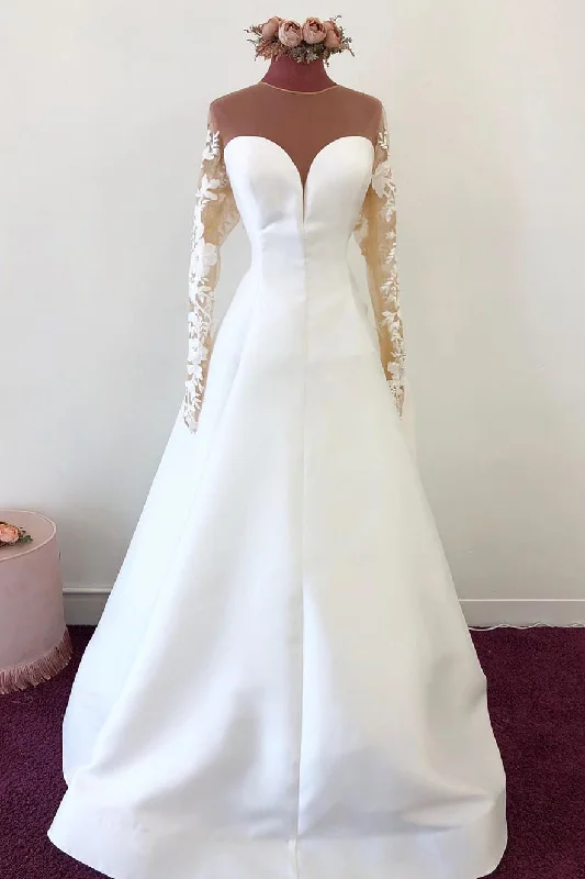Stylish Women's Garments For Holidays Limited Stock, Big Discounts Illusion Neck Long Sleeves White Satin Bridal Gown with Appliques-Button