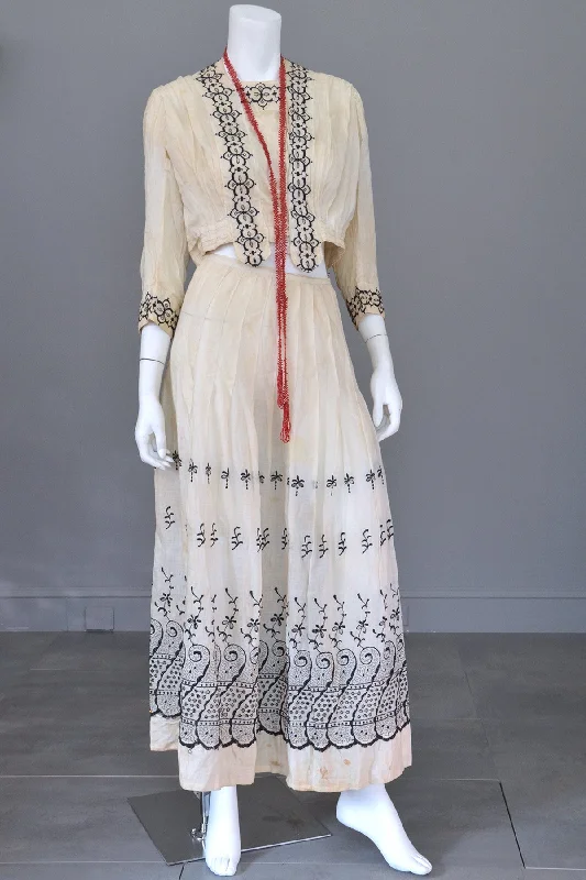 Clothing Store Embroidered Black on Off White Two-Piece Edwardian Peasant Dress Bodice Skirt