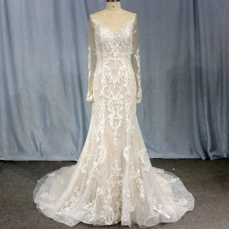 Women's Chic Apparel Trendy Street Style Attire Long Sleeve Mermaid Lace Wedding Dress With Chapel Train Women's Chic Apparel Trendy Street Style Attire Long Sleeve Mermaid Lace Wedding Dress With Chapel Train