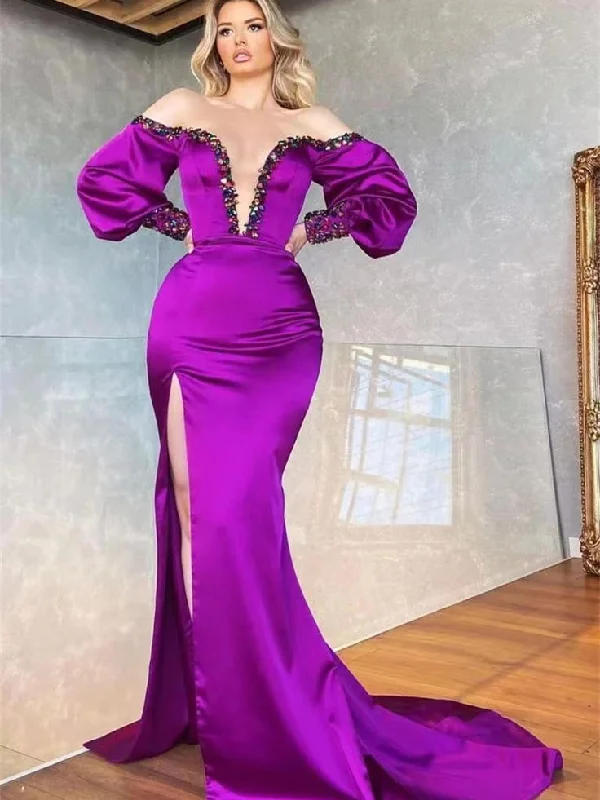Women's Comfortable Lounge Attire Trend Forward Threads Deep V-neck Bubble Sleeves Soft Satin Prom Dresses With Gorgeous Rhinestone Neckline, Mermaid Prom Dresses, 2023 Prom Dresses