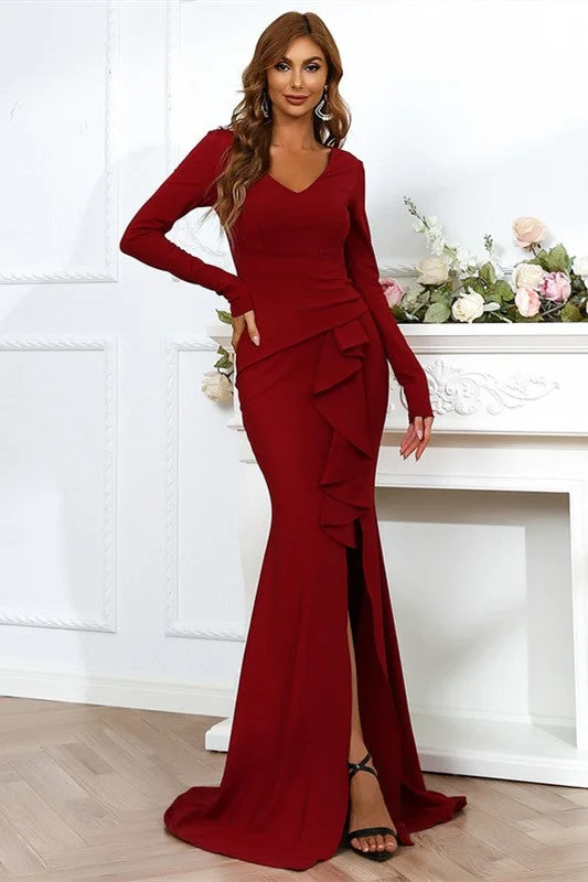 Women's Outerwear Attire The Epitome Of Modern Women's Fashion Red Satin V-Neck Long Sleeve Ruffled Mermaid Long Formal Dress