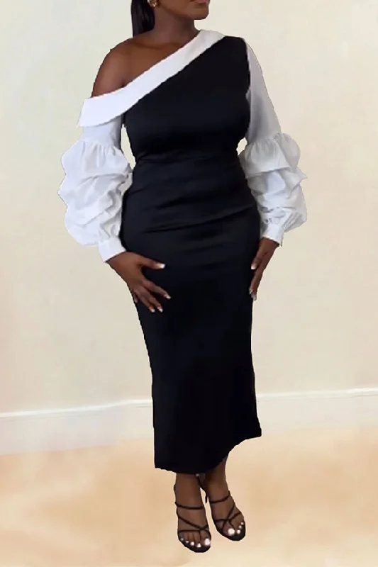 Women's Chic Outerwear Outfit Sophisticated Outfits Hit Color Patchwork Chic Slash Neck Midi Dress