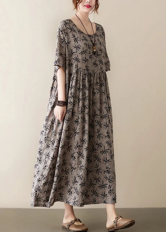 Women's Occasion Wear Apparel Summer Splash Sale Handmade Grey O-Neck Print Cotton Maxi Dress Short Sleeve Women's Occasion Wear Apparel Summer Splash Sale Handmade Grey O-Neck Print Cotton Maxi Dress Short Sleeve