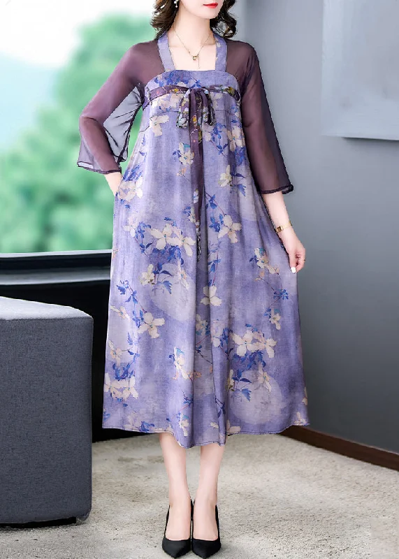 Women's Cozy Winter Attire Classy Purple Lace Up Print Patchwork Silk Dress Half Sleeve Women's Cozy Winter Attire Classy Purple Lace Up Print Patchwork Silk Dress Half Sleeve