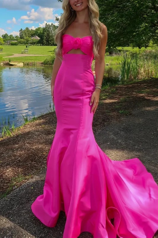 Women's Casual Apparel Fashion Deal Hot Pink Strapless Mermaid Keyhole Satin Pleated Long Prom Dress Women's Casual Apparel Fashion Deal Hot Pink Strapless Mermaid Keyhole Satin Pleated Long Prom Dress