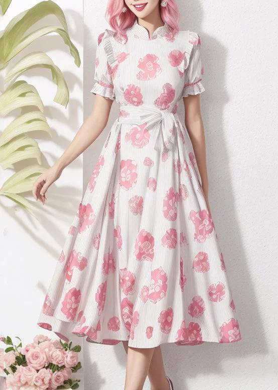 Flash Sale On Stylish Outfits – Hurry Before It's Gone Beautiful Stand Collar Print Tie Waist Silk Dresses Summer