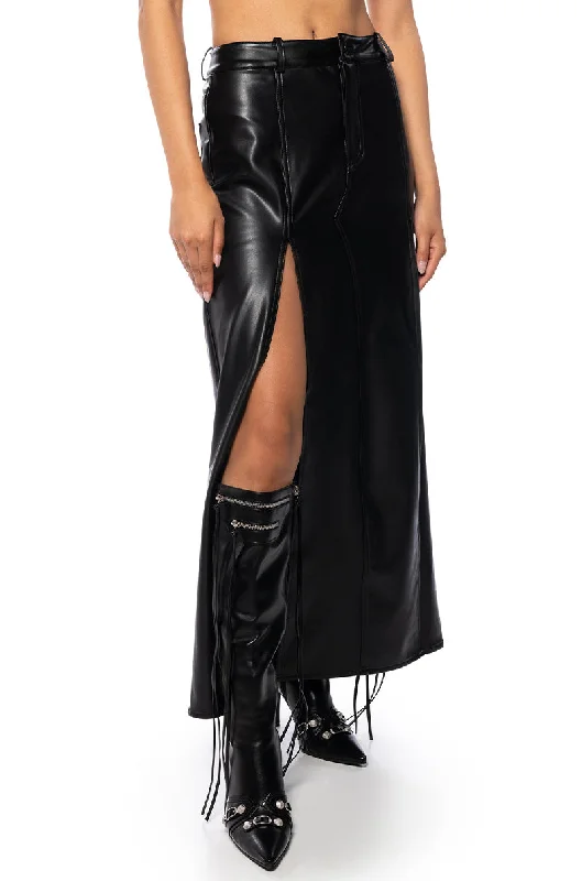 Women's Workout Clothing Fashion-Forward LEVEL UP MAXI FAUX LEATHER SKIRT WITH FRONT SLITS